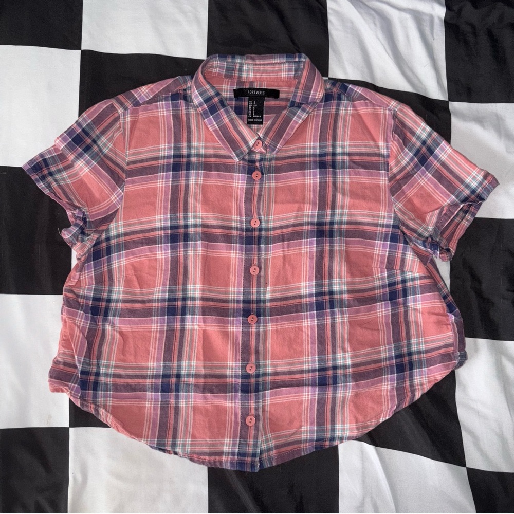 Pink and Blue Plaid Button-Up Shirt